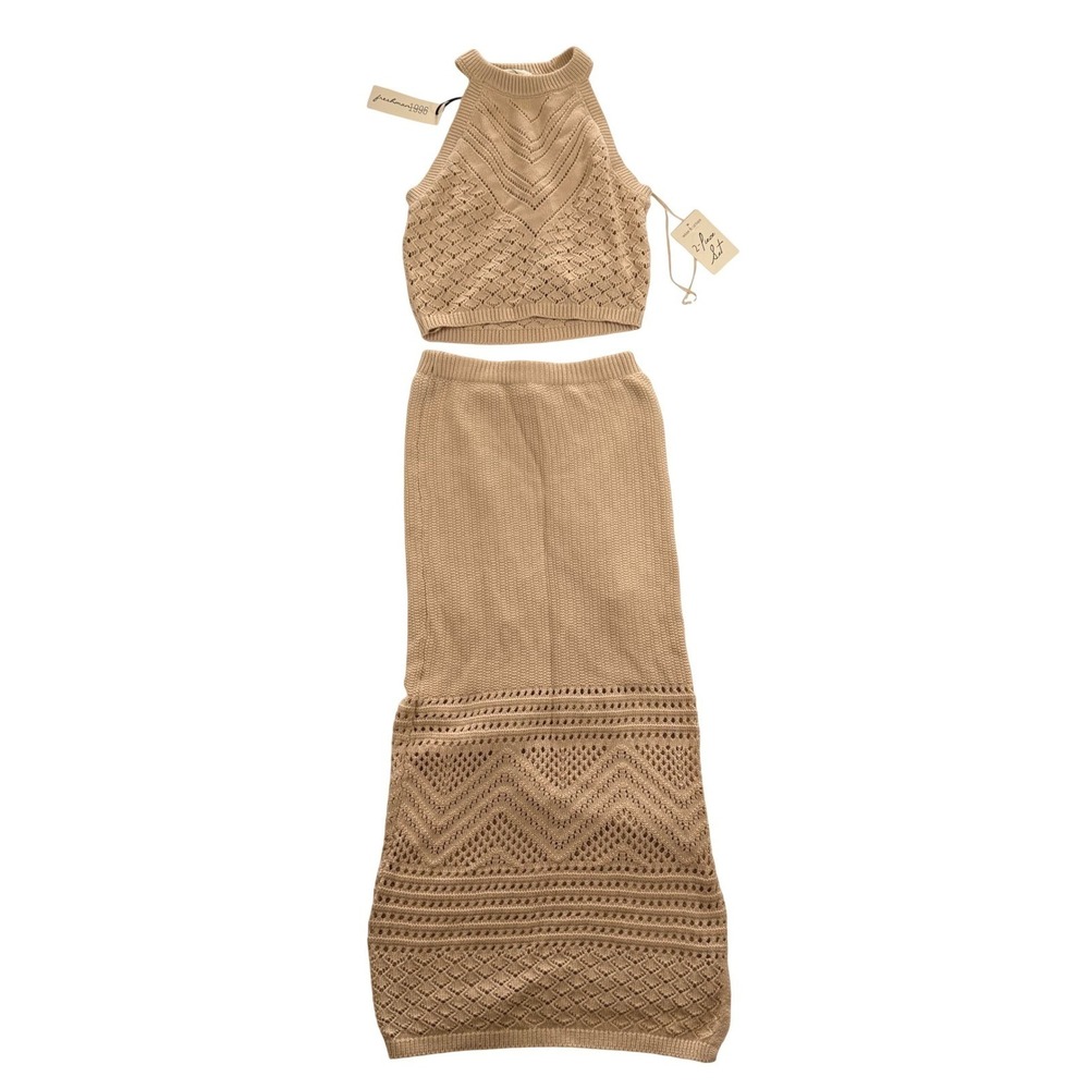 Freshman 1996 Women Tan Pointelle Knit 2 Piece Set Halter Crop Top Maxi Skirt XS